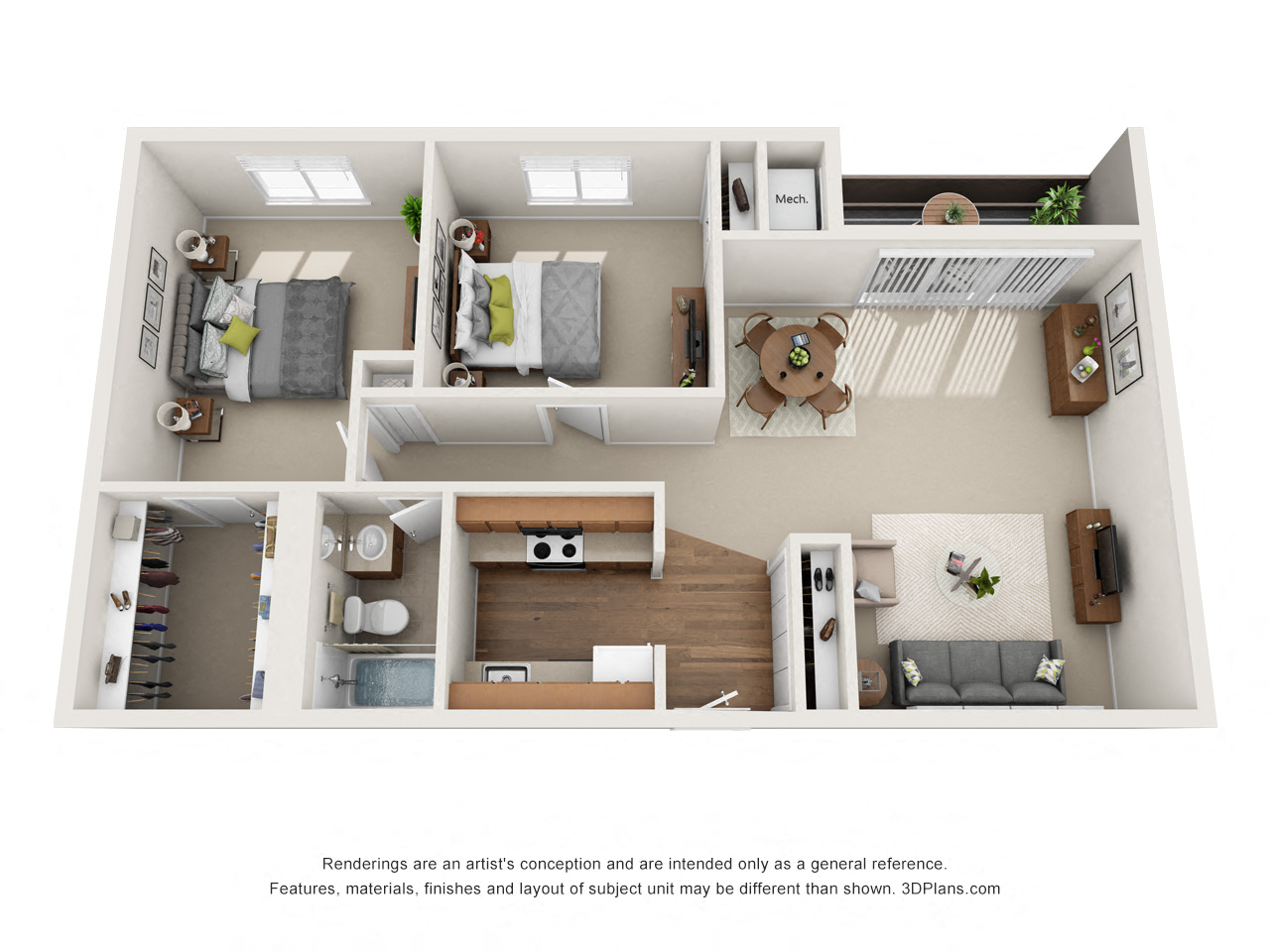 Floor plan for 2 beds, 1 bath, 901 sqft